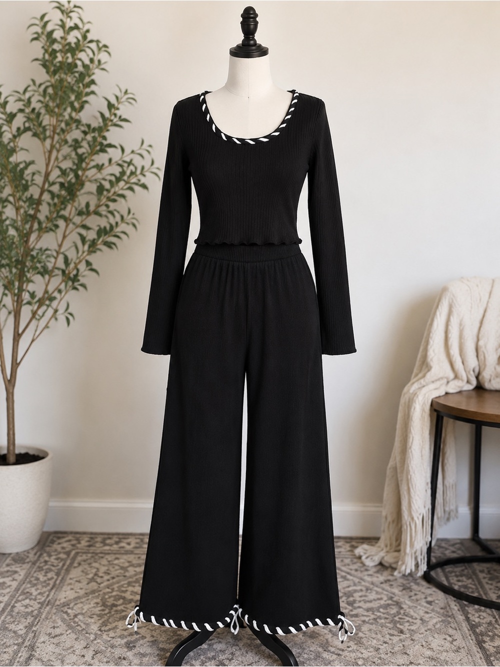 Black Ribbed Wide-Leg Jumpsuit with Contrast Trim